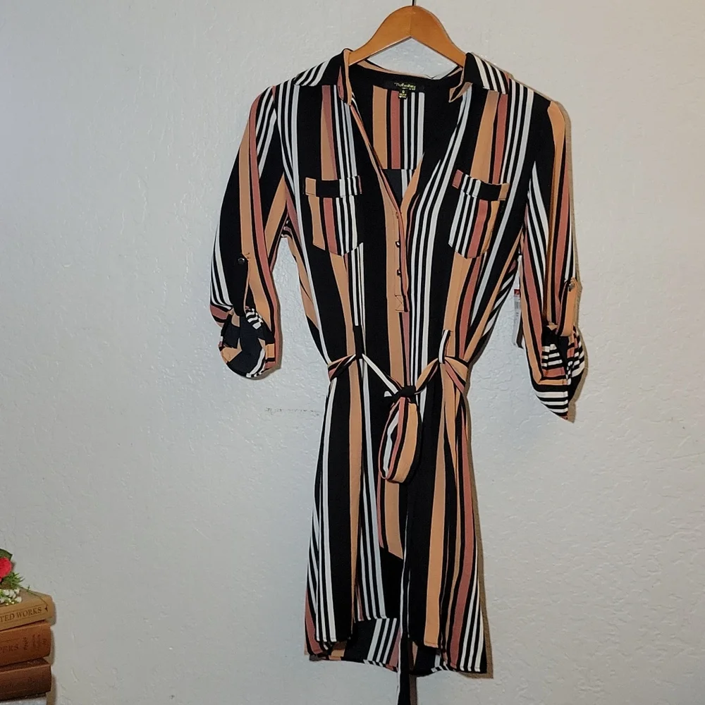 Striped Belted Shirt Dress Button Tab Roll Up Sleeves Small - Picture 6 of 11